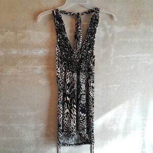 186a. vintage tan & black Heart Soul animal print ruffle y2k halter tank, M